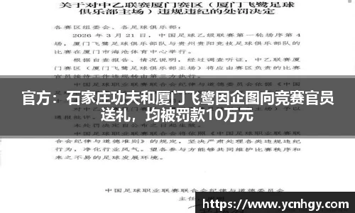 官方：石家庄功夫和厦门飞鹭因企图向竞赛官员送礼，均被罚款10万元